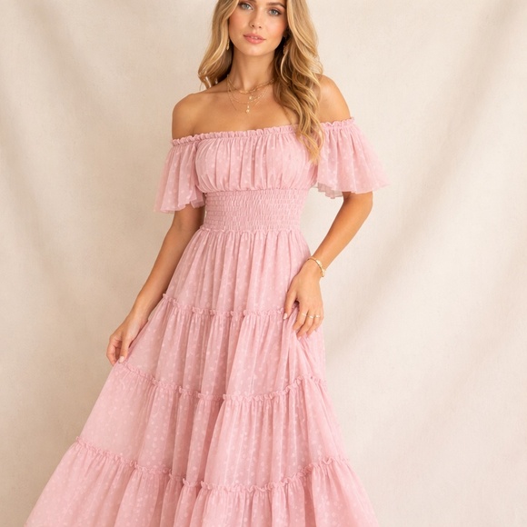 NWT MISA Los Angeles Pink Swiss Dot Off Shoulder Maxi Dress XS